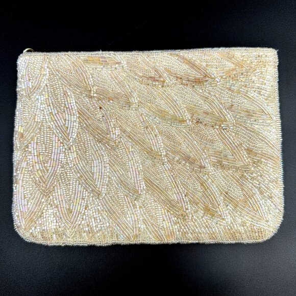 La Regale Vtg Beaded Evening Clutch Purse Ivory Satin Lining Zipper Sequined 7oz - Picture 7 of 10